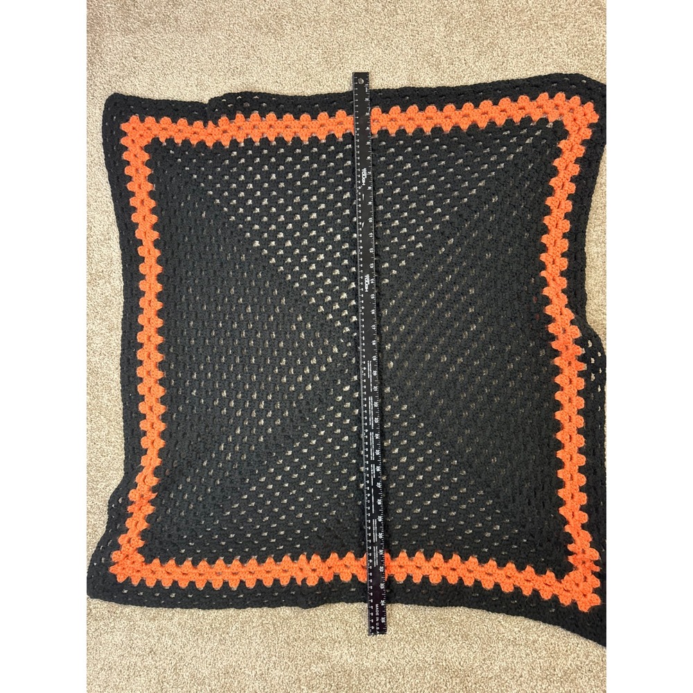 Handmade Crochet Granny Square Baby Blanket Black Orange Halloween Throw 32x32